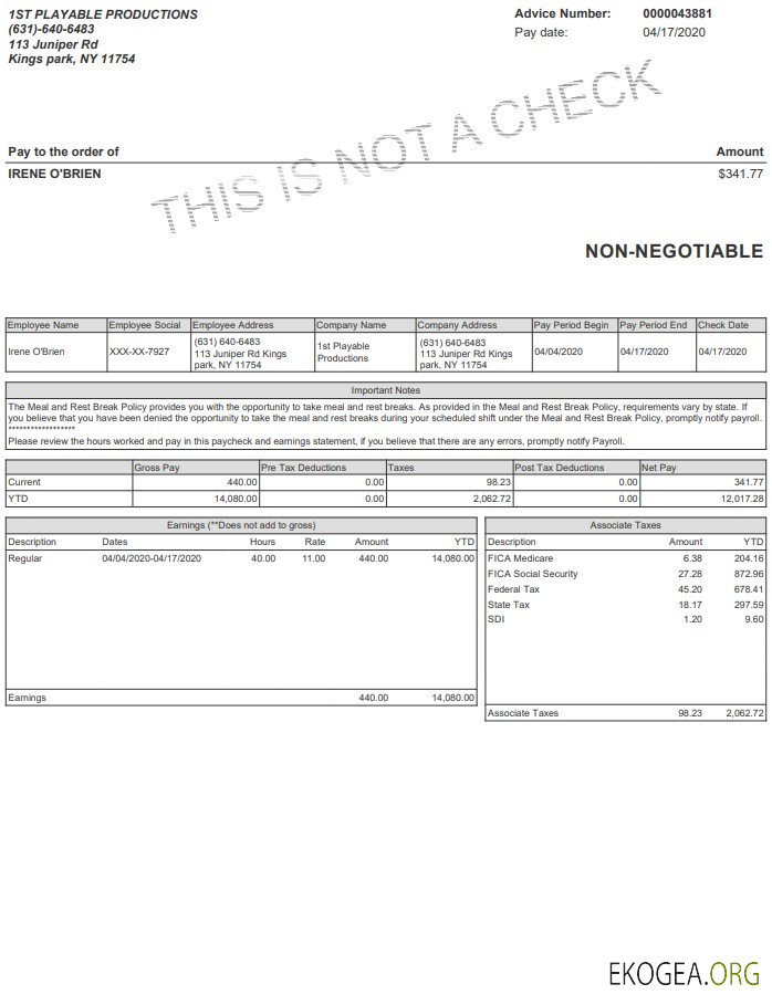 Talon de paie des productions jouables